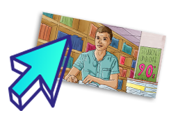 A blue arrow pointing up and right in front of a drawing of a student in a library