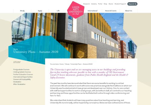 University Plans – Autumn 2020 | Leeds Arts University