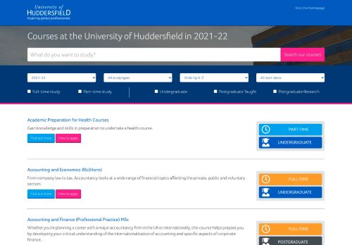 University of Huddersfield List of courses for 2021-22